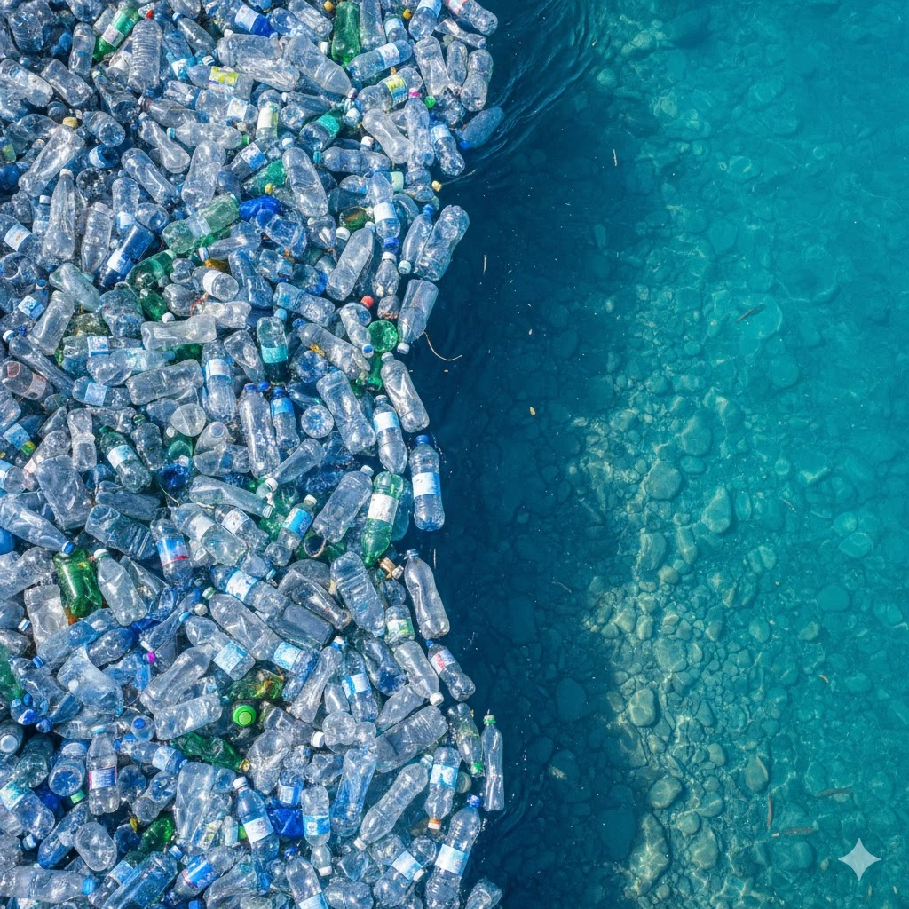 Plastic bottles floating in clean water, representing pollution-free filtration by Water Fixers of DFW