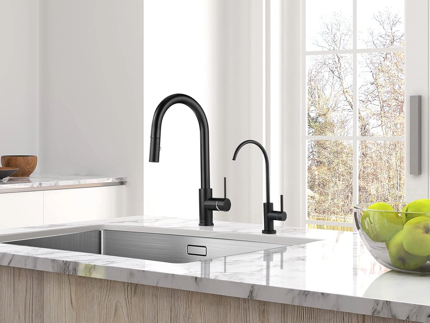 Modern kitchen sink with a dedicated reverse osmosis faucet professionally installed